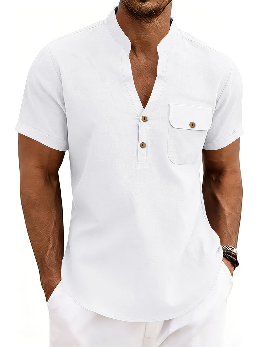 Men's Outdoor Travel Business Simple and Stylish Solid Color V-Neck Half-Open Placket Summer Breathable Comfortable Casual Short-Sleeve Henley Collar T-Shirt - White