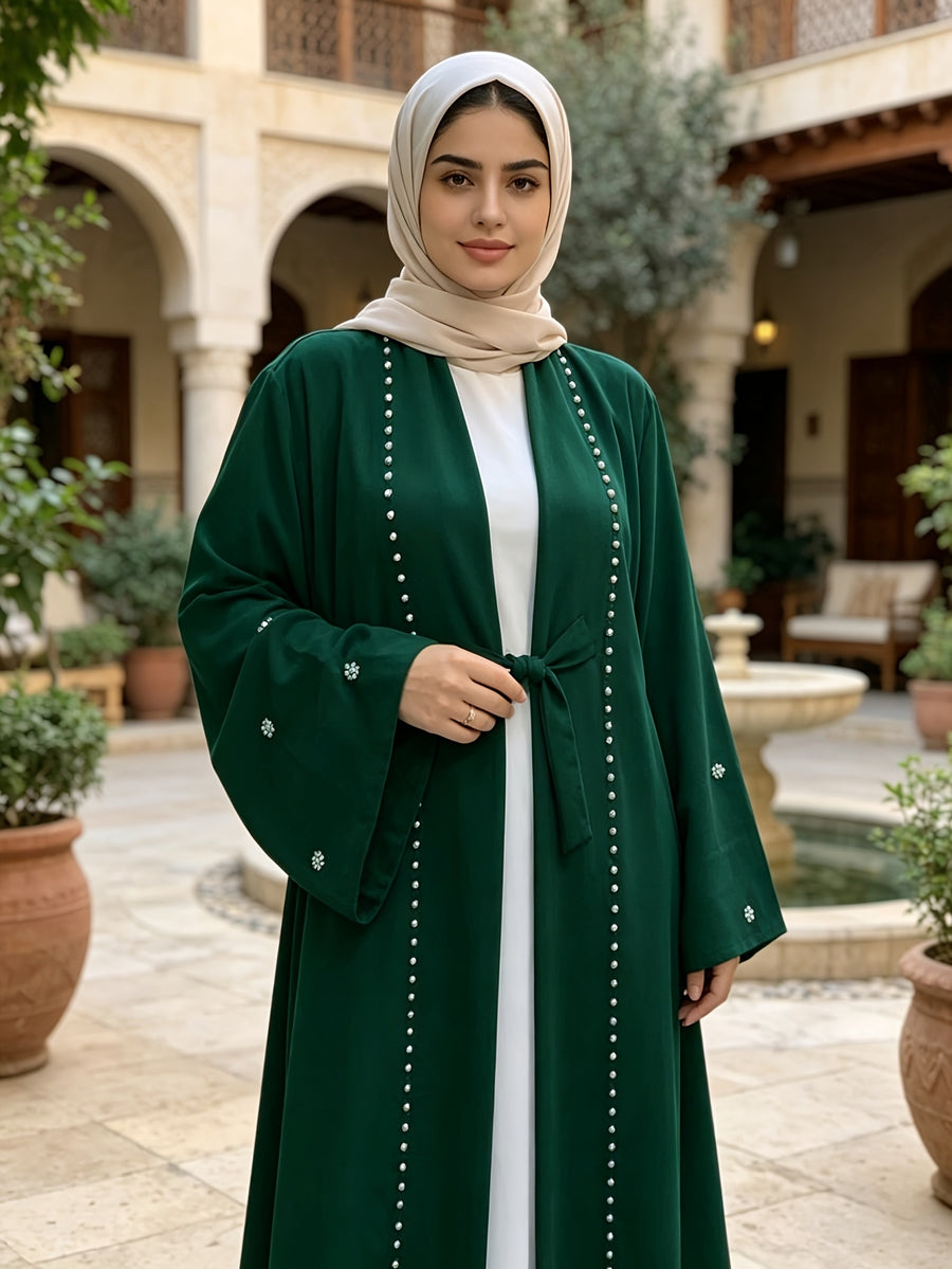 1pc Fashionable, Elegant And Casual, This Pearl-Studded Solid-Colored Abaya Cardigan Is Perfect for Everyday Wear. It Is Loose And Comfortable for Women. Muslim Women Clothes Abayas for Women Muslim Long Frocks for Women Jebba Tunisienne Femme - Dark Green