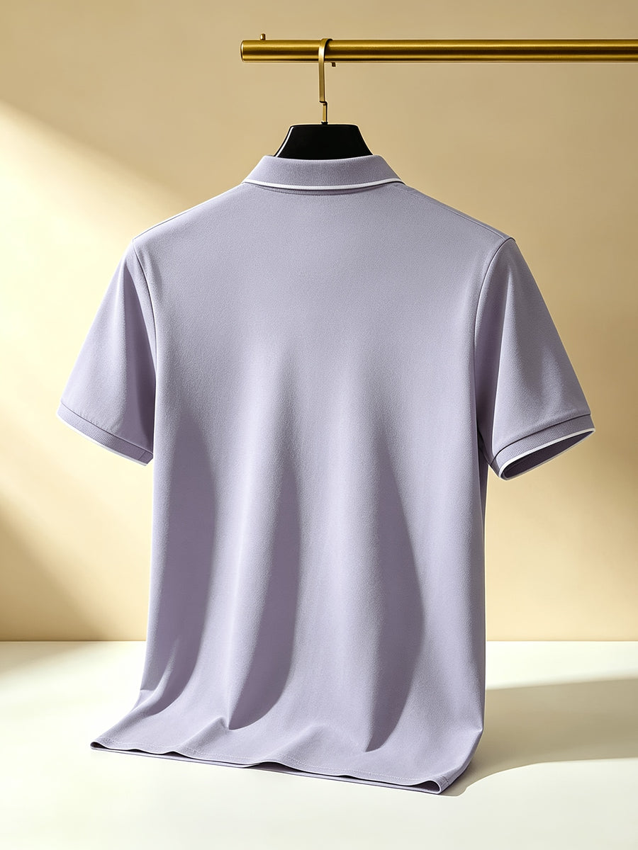 Quick-Dry V-Neck Men'S Golf Polo with Contrast Cuffs, Classic Logo Print, Luxury Contrast Collar, Anti-Pilling Breathable Fabric, Ideal for Sports, Business Casual, Commuting, Golf, And Business Settings - Violet