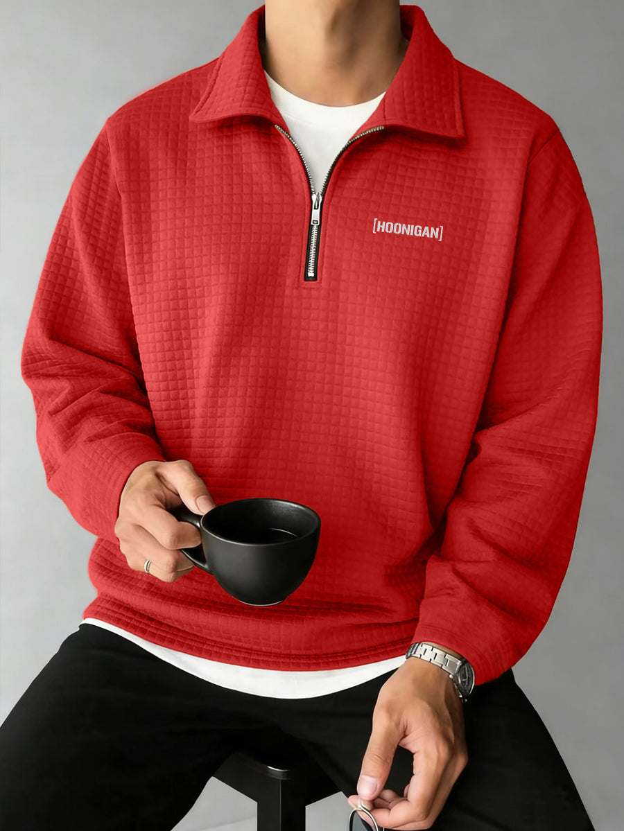 HOONIGAN Men's Printed Half-Zip Fashion Waffle Knit Texture Autumn/Winter Simple Casual Versatile Sporty POLO Shirt Sweatshirt, New Autumn/Winter Long-Sleeve Lapel Top, Comfortable and Breathable Fabric, Valentine's Day Gift, Preferred Birthday Gift - Red
