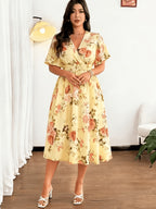 Plus Size - Summer Women'S Plus Size Women'S Summer Fashion Elegant Temperament Bohemian Floral Print Mid-Length Short-Sleeved Head Set V-Neck Loose Elastic Waist Lotus Leaf Sleeves Suitable for Vacation, Weddings, Formal Occasions, Festivals - orange yellow