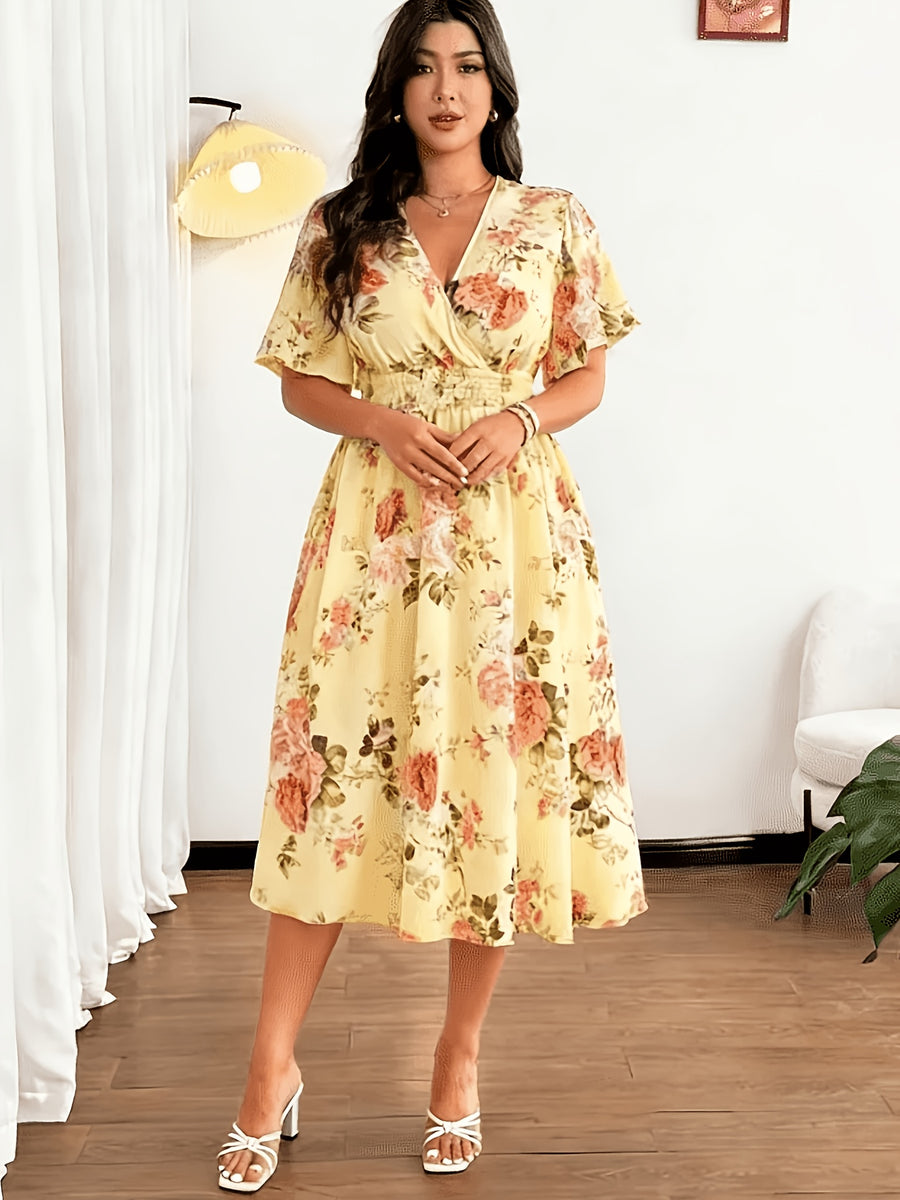 Plus Size - Summer Women'S Plus Size Women'S Summer Fashion Elegant Temperament Bohemian Floral Print Mid-Length Short-Sleeved Head Set V-Neck Loose Elastic Waist Lotus Leaf Sleeves Suitable for Vacation, Weddings, Formal Occasions, Festivals - orange yellow