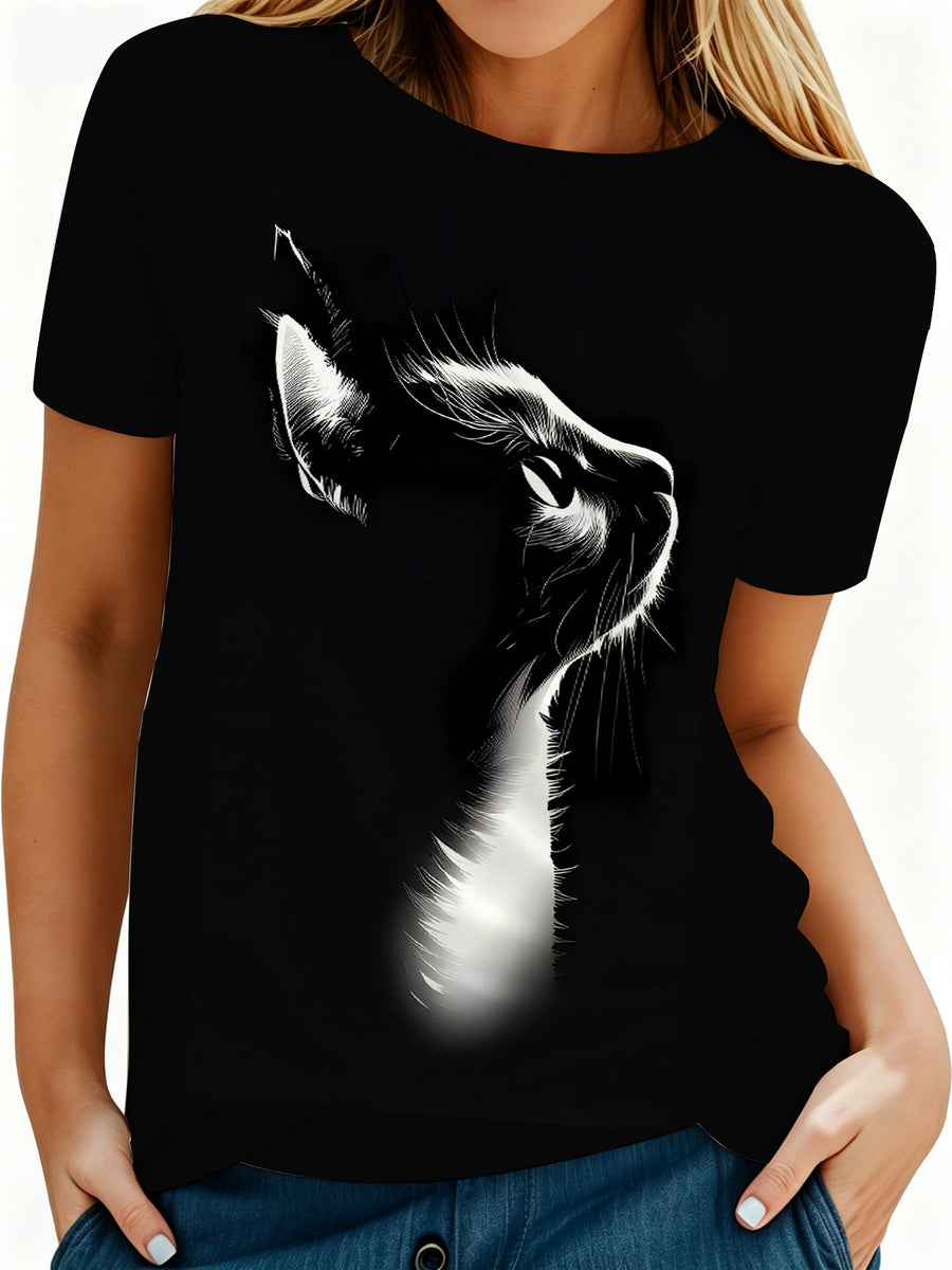 Women's Black Cat Pattern Round Neck Short Sleeve T-Shirt, Casual Short Sleeve Top, Cat Lover Graphic Tee, Summer Streetwear - Mixed colors