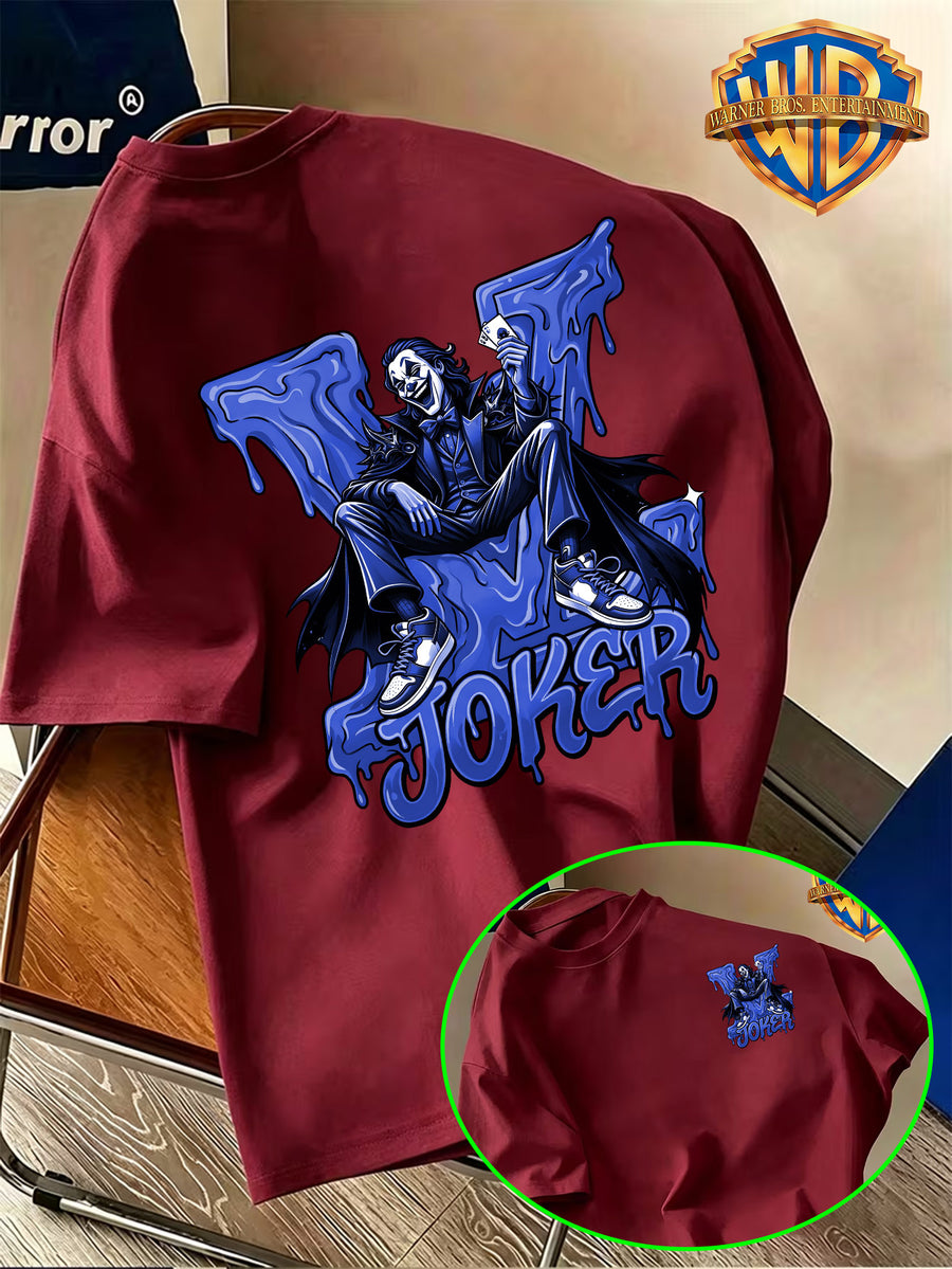 Warner Bros. Official Premium Blue Joker Klein Blue Throne JOKER Print T-Shirt, American Retro Casual Short Sleeve, Men'S Casual Comfortable Multi-Functional Loose Summer Short Sleeve T-Shirt, Suitable for Outdoor Wear, Gym - Burgundy