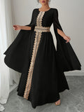 Women'S Autumn/Winter Solid Color Sequin Patchwork Tie Long Sleeve Split Chiffon Dress - Black