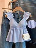 Women's Elegant and Cute Striped Ruffle Neckline Sexy Backless Low-Cut Crop Top - Mixed colors