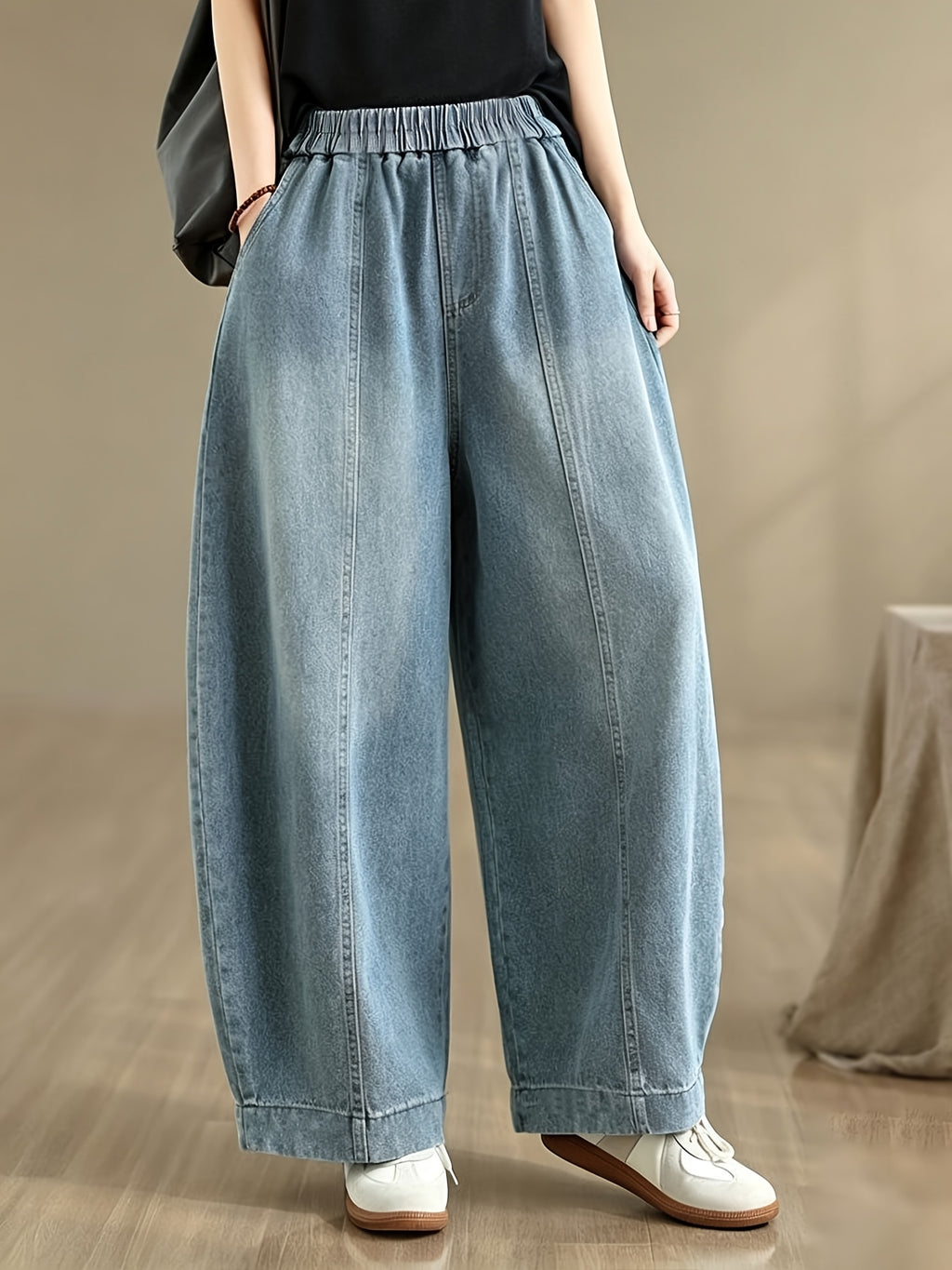 Women's Casual Vintage Artistic Loose High-Waist Versatile Simple Denim Harem Wide-Leg Pants, Spring/Summer Casual Elastic High-Waist Stretchy Loose Trousers, Commuting Vacation Casual Versatile Denim Long Pants - Bright Steel Blue