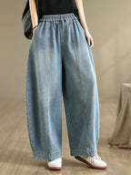 Women's Casual Vintage Artistic Loose High-Waist Versatile Simple Denim Harem Wide-Leg Pants, Spring/Summer Casual Elastic High-Waist Stretchy Loose Trousers, Commuting Vacation Casual Versatile Denim Long Pants - Bright Steel Blue