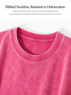 Men's Vintage Washed Heavyweight Pure Cotton Short-Sleeve T-Shirt with Nordic Compass Scenery and Mountain Forest Pine Tree Line Art Print - Bright Pink Color