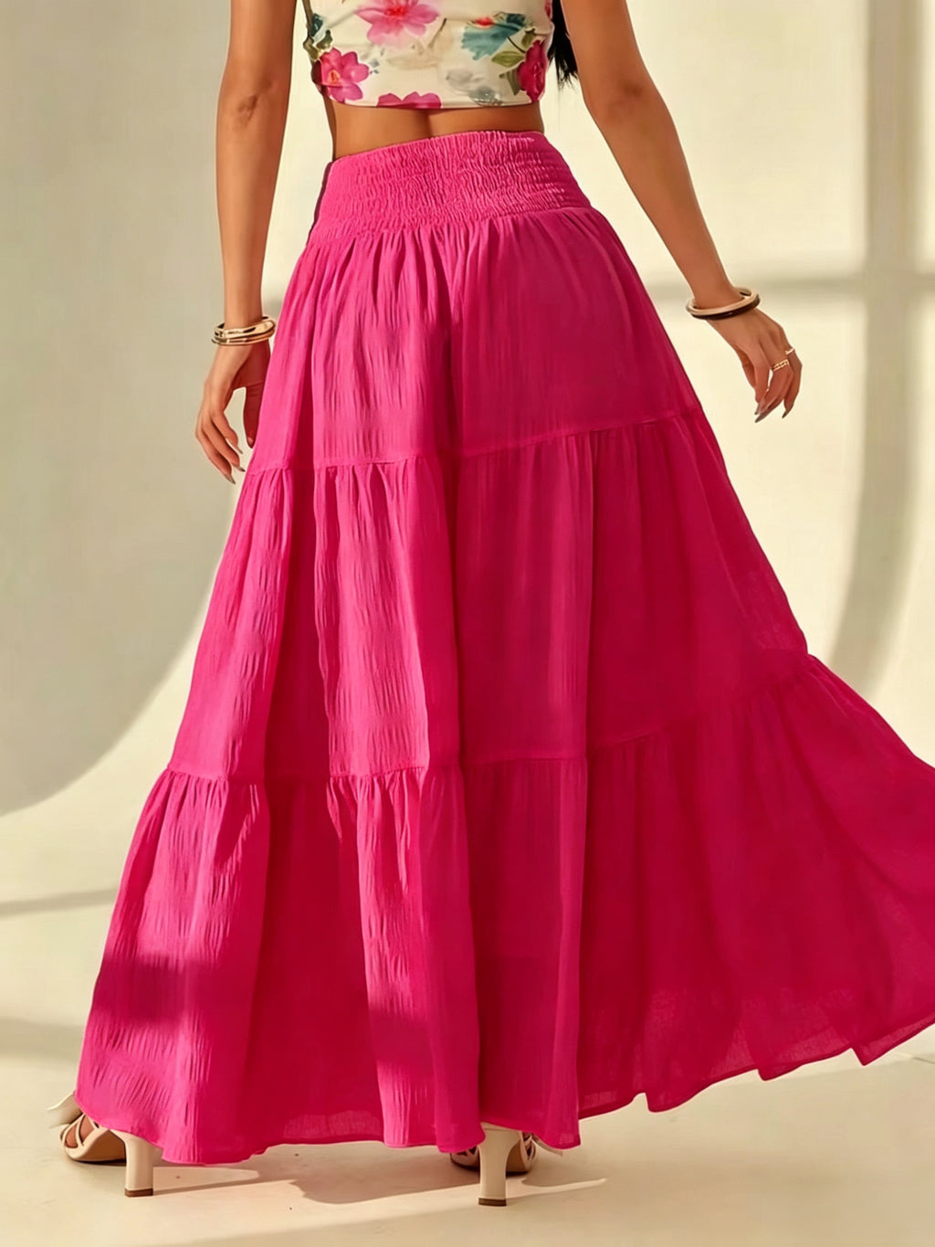 Bohemian Tiered Maxi Skirt, High-Waist Smocked A-Line Flowy Long Skirt, Casual Loose Pleated Solid Color Skirt for Beach Vacation Daily Wear, Women'S Fashion - Dark Pink