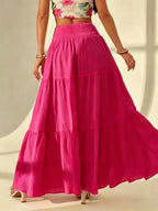 Bohemian Tiered Maxi Skirt, High-Waist Smocked A-Line Flowy Long Skirt, Casual Loose Pleated Solid Color Skirt for Beach Vacation Daily Wear, Women'S Fashion - Dark Pink