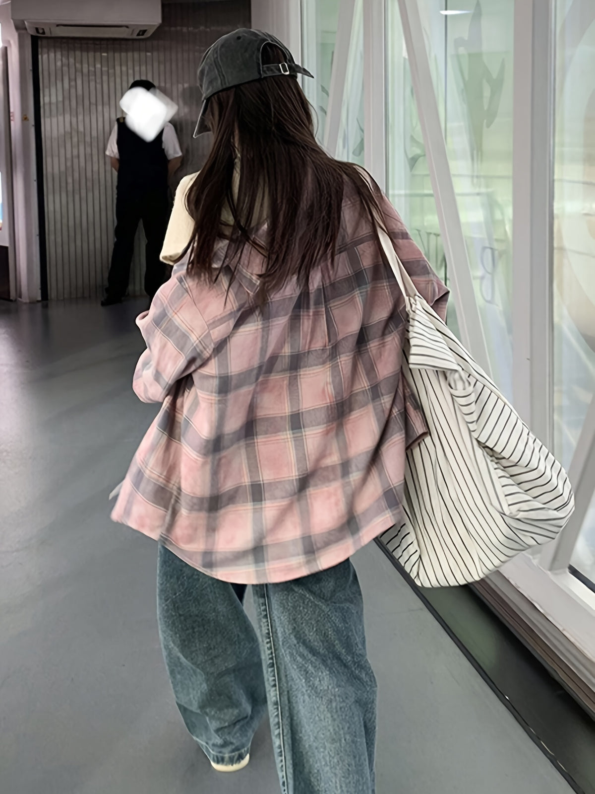 Women'S Pink and Gray Plaid Collar Loose Casual Shirt - Pink