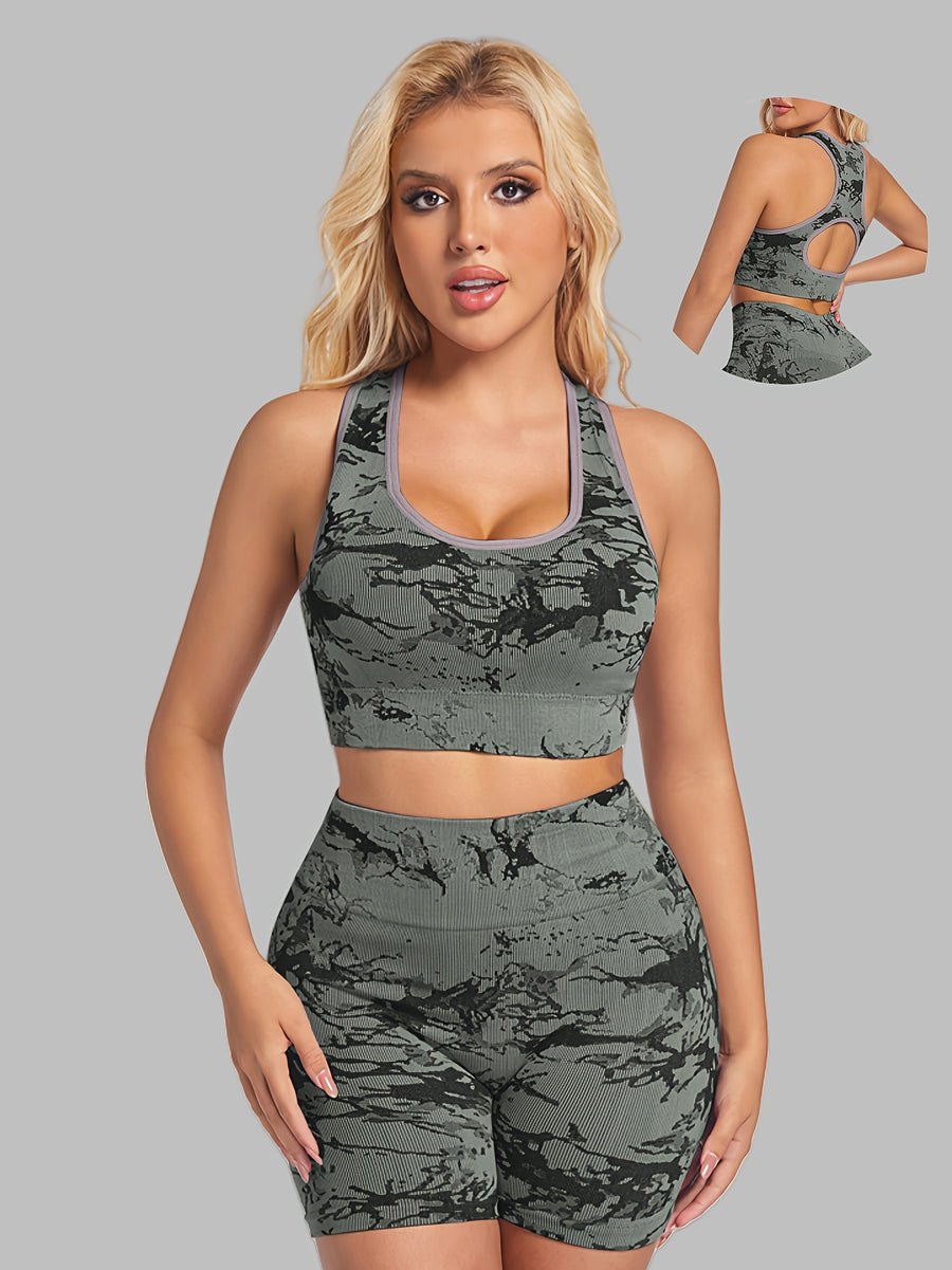 Women's Sportswear Set,  Tie-Dye Yoga Fitness Running Bra and Shorts Bodysuit - Light Grey