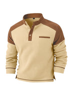 Men's American-style Casual Stand-up Collar Shirt with a Half-opening Button Placket Design, Retaining the Smart and Neat Look of a Stand-up Collar. The Addition of Two Buttons Enhances the Layered Style and Breathability. The Shoulders - Khaki