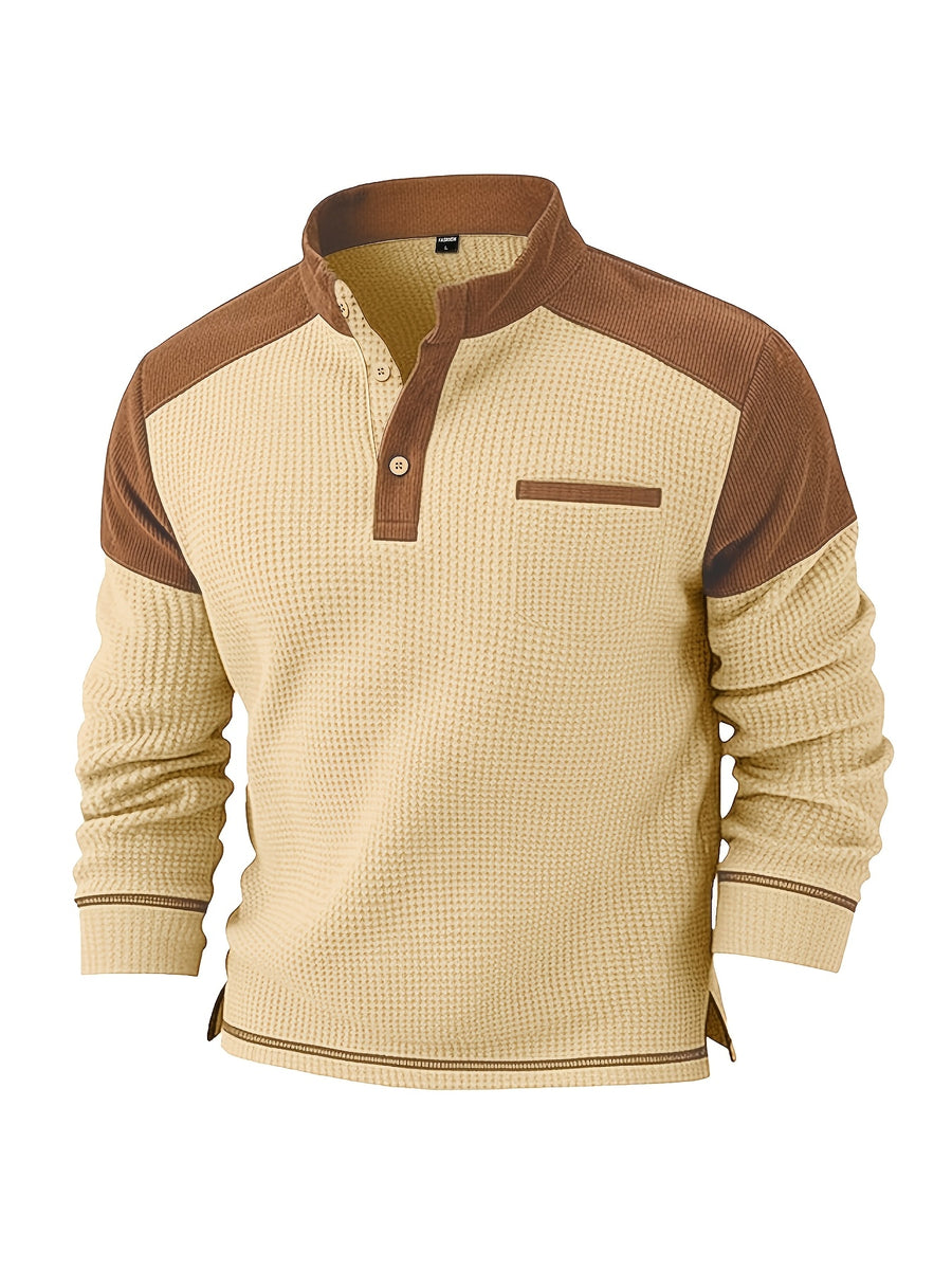 Men's American-style Casual Stand-up Collar Shirt with a Half-opening Button Placket Design, Retaining the Smart and Neat Look of a Stand-up Collar. The Addition of Two Buttons Enhances the Layered Style and Breathability. The Shoulders - Khaki