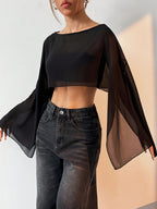 Women'S Solid Color Round Neck Batwing Sleeve Loose Short Shirt, Spring Summer Beach Cover-Up Top - Black