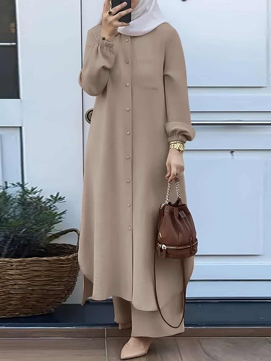 Eid | Elegant Front Button Autumn-Winter 2pcs Jilbab Set | Plain Front Button Abaya Women Modest + Loose Wide Leg Pants | Banquet, Date, Urban Commute - Khaki