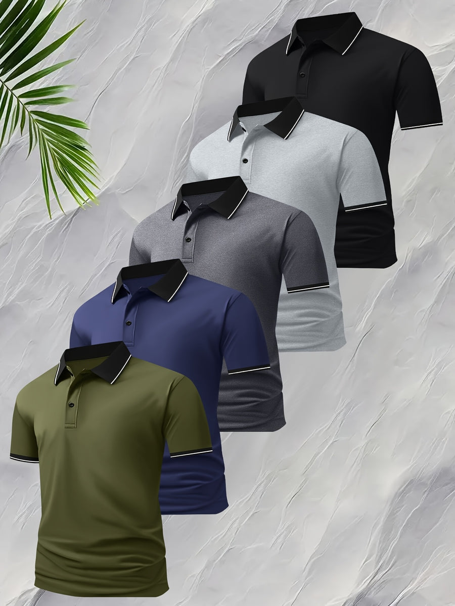 5pcs Summer Lapel Men's Shirts, Solid Color Plain Short Sleeve Shirts, Multi-Color Workwear, Casual Sportswear, Men's Executive Tops - Mixed Color 4