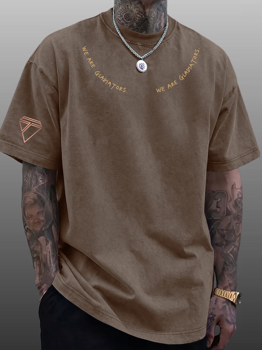 Short Sleeve T-Shirt Men'S Loose Washed Distressed Top Arched Text Triangle Geometric Trendy Print Multi-Color Casual Matching American Street High Street Hip-Hop Couple Style Short Sleeve Daily Outing Commuting Sports Fitness Street Style Y2K Top - Brown