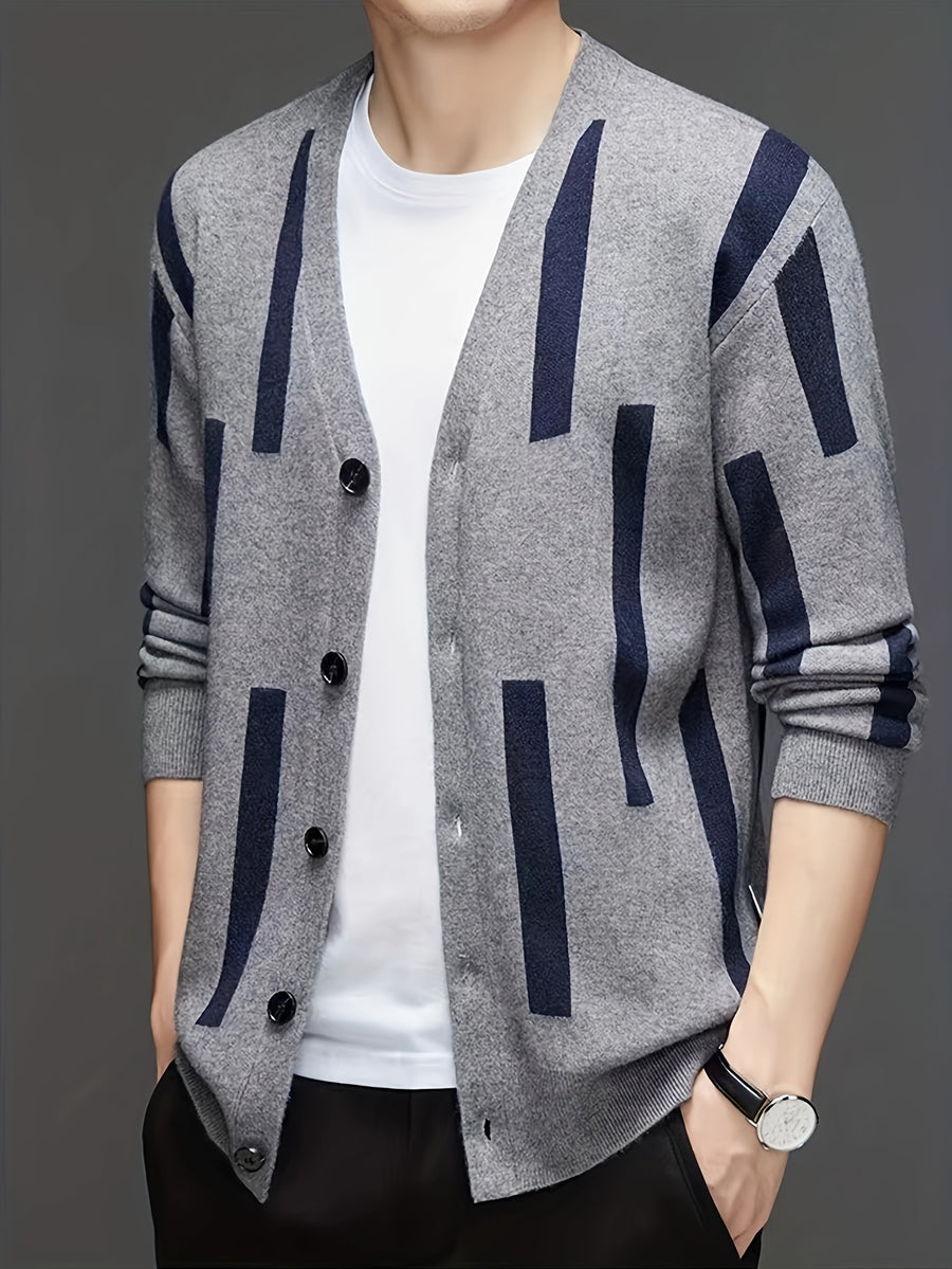 Men's Color-Block Vertical Stripe V-Neck Cardigan, Light Luxury Business Autumn/Winter Knitted Outerwear, Slim-Fit Long-Sleeve Sweater - Grey