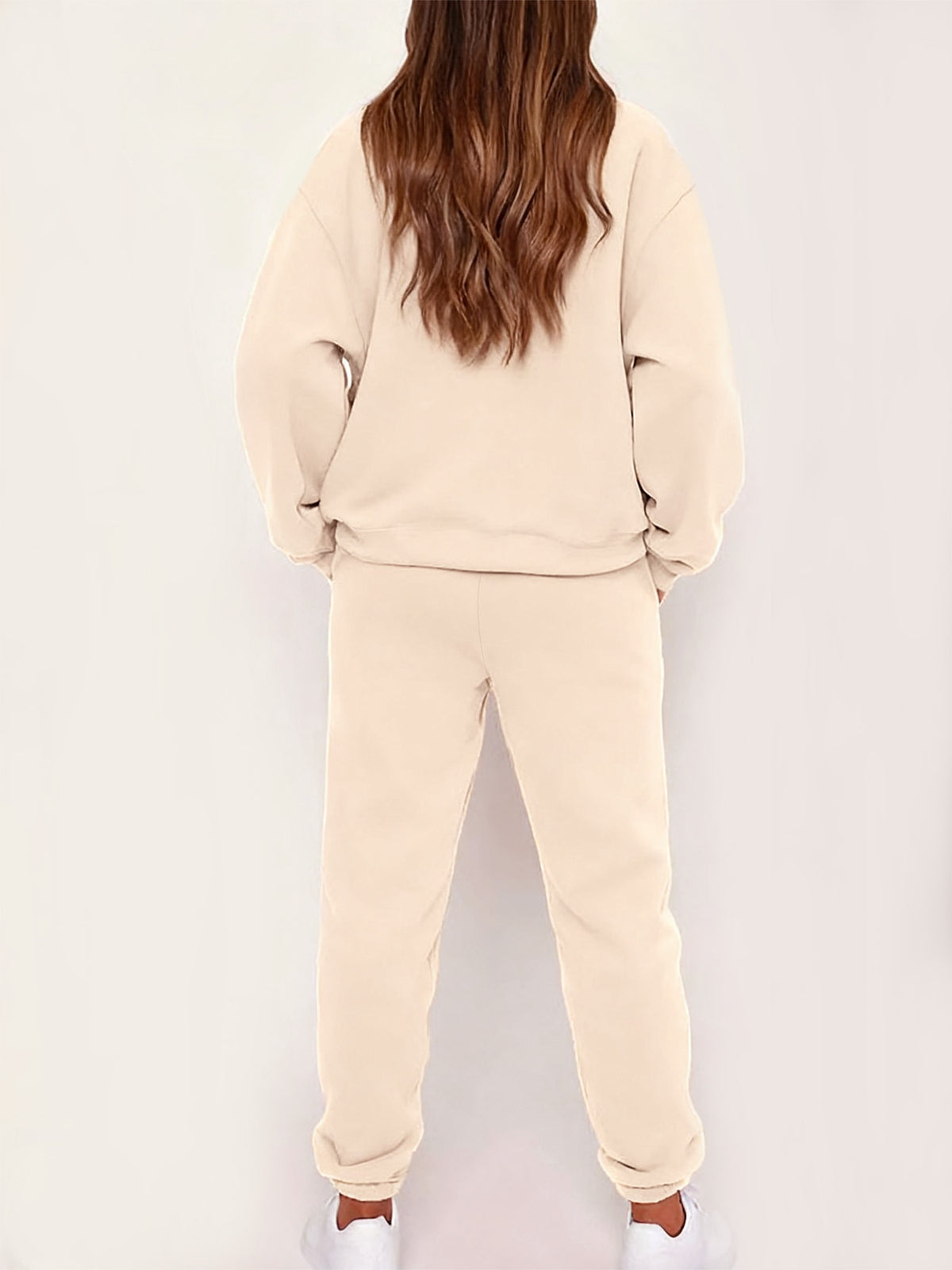 Graphic Print 2pcs Set, Crew Neck Sweatshirt & Pants, Women's Clothing - Apricot