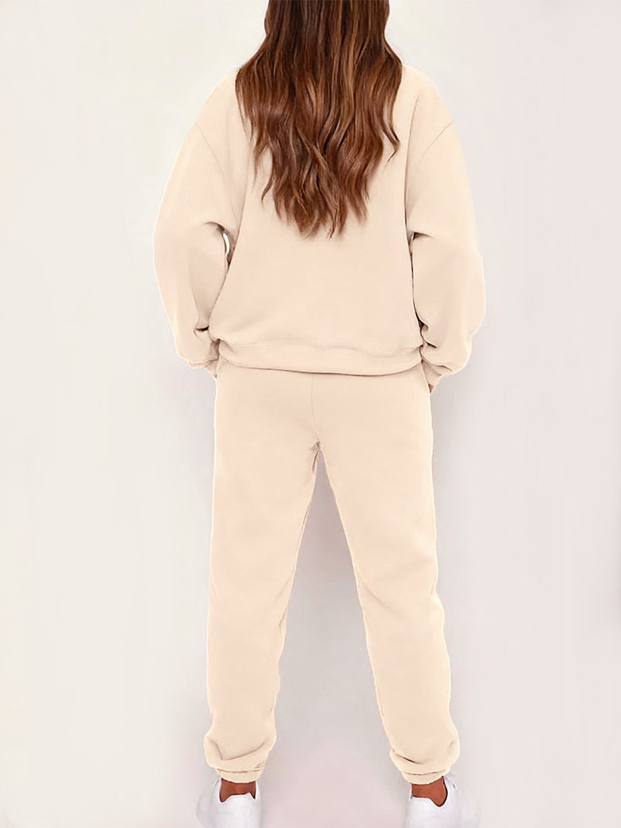 Graphic Print 2pcs Set, Crew Neck Sweatshirt & Pants, Women's Clothing - Apricot