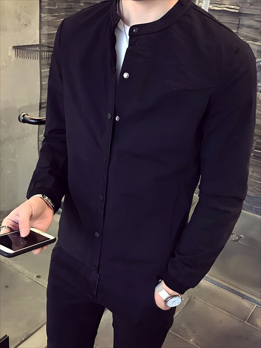 Men'S Casual Stand Collar Jacket - Slim Fit Button Up Lightweight Coat, Polyester, 2 Colors (Olive Green, Black) - 1921 Black