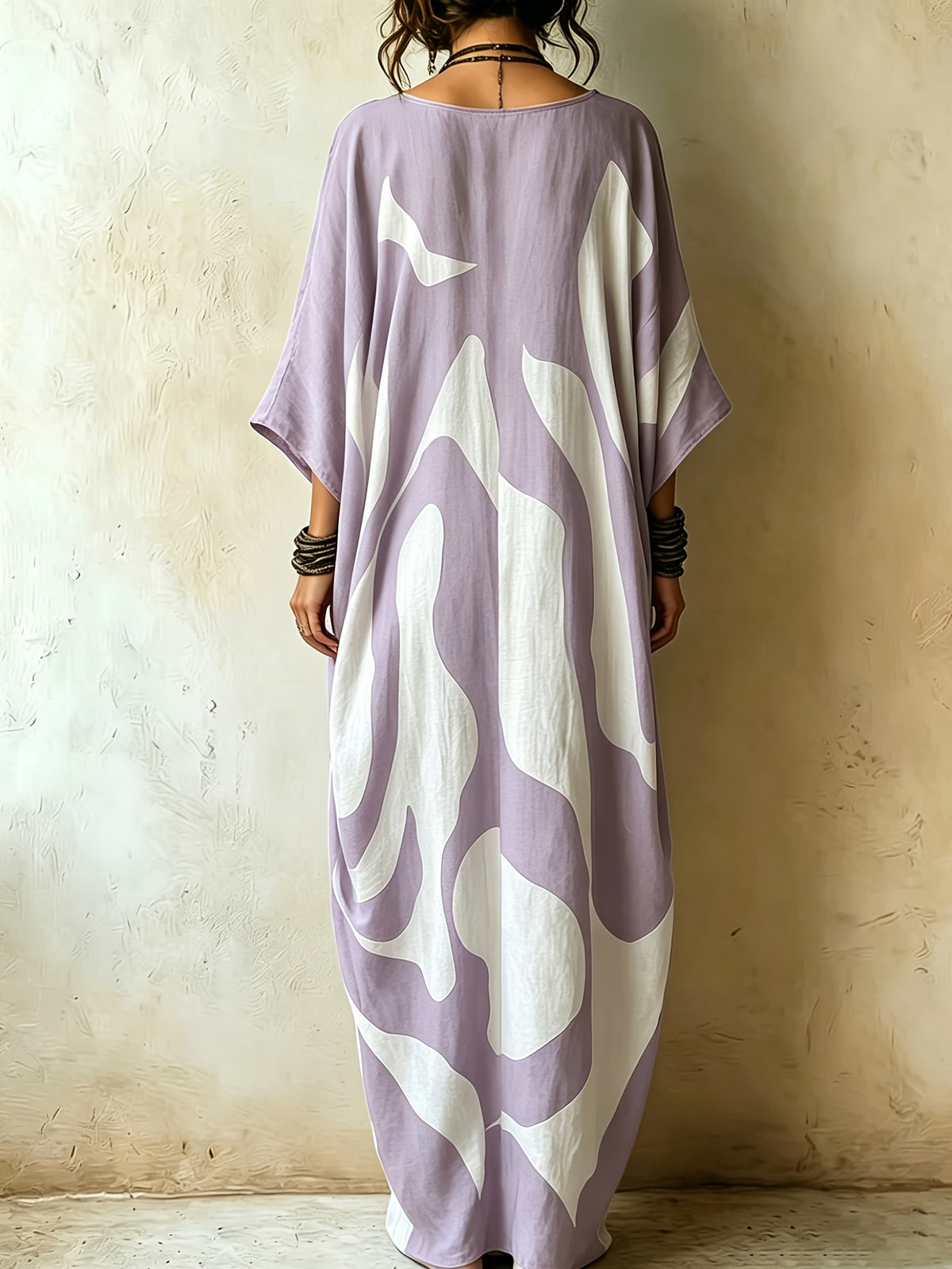 Boho Abstract Color Block Print Kaftan Dress for Women, V-Neck Batwing Sleeve Oversized Vacation Maxi Dress, Beach Cover Up Kaftan Gown - Light Purple