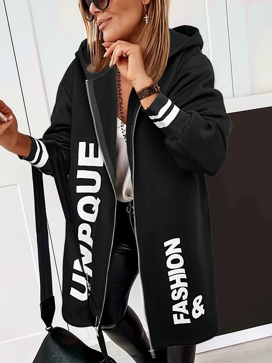 New Casual Fashion Printed Hooded Jacket, Soft -lined Mid-length Zip-up Jacket with Letter Print, Long-sleeve Outerwear for Women in Solid Colors for Autumn/winter, Comfortable Casual Attire for Women, Suitable for Indoor and Casual Outings 2A9790 - Black