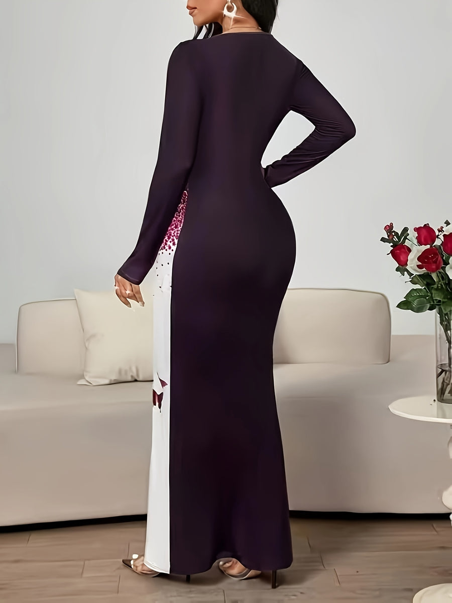 Women's Printed Elegant Round Neck Long Sleeve Dress - Deep Purple