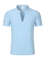 Men's Solid Color V-Neck Short Sleeve T-Shirt, Summer Casual Breathable Solid Color Top, Simple Fashionable Trendy Men's Clothing - Sky Blue