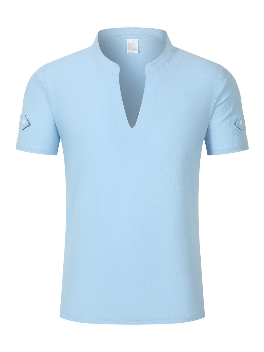 Men's Solid Color V-Neck Short Sleeve T-Shirt, Summer Casual Breathable Solid Color Top, Simple Fashionable Trendy Men's Clothing - Sky Blue