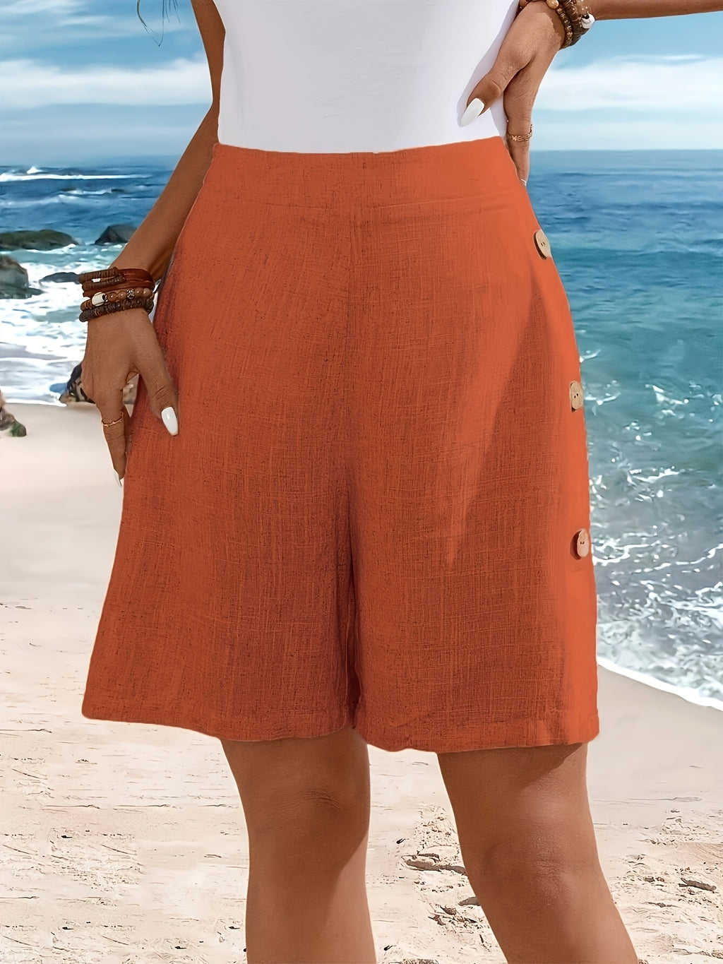 Stylish and Elegant Casual Beach Pants, Slim Fit Straight-Leg Wide-Leg Shorts for Women - BK032328 - Orange-Red