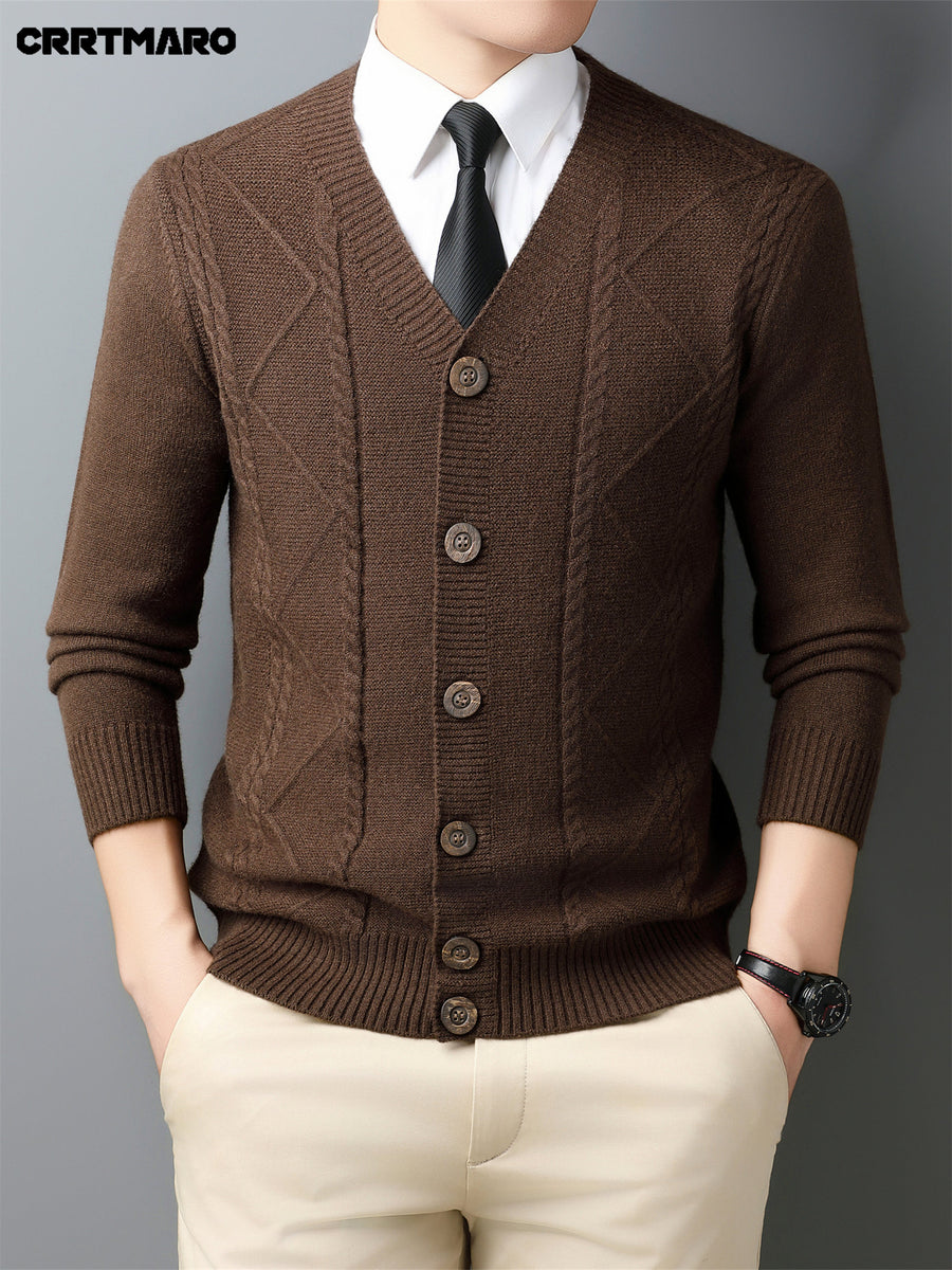 Men'S Wool Blend, Thick Knit Cardigan, Warm Casual Layering Top for Fall And Winter - Black Coffee
