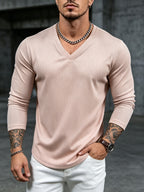 Mens V-Neck Long Sleeve Tshirt Ribbed Knit Stretch Slim Fit Casual Date Work Daily Fall Top - Khaki