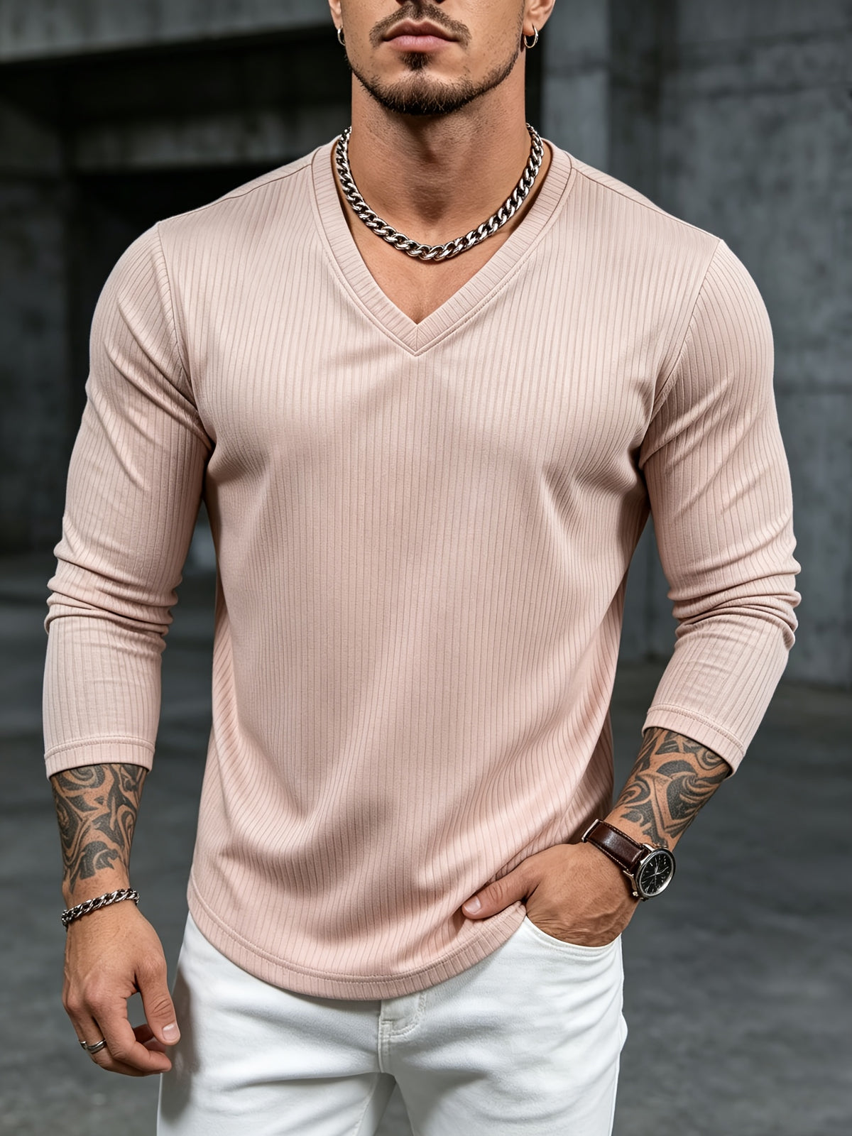 Mens V-Neck Long Sleeve Tshirt Ribbed Knit Stretch Slim Fit Casual Date Work Daily Fall Top - Khaki