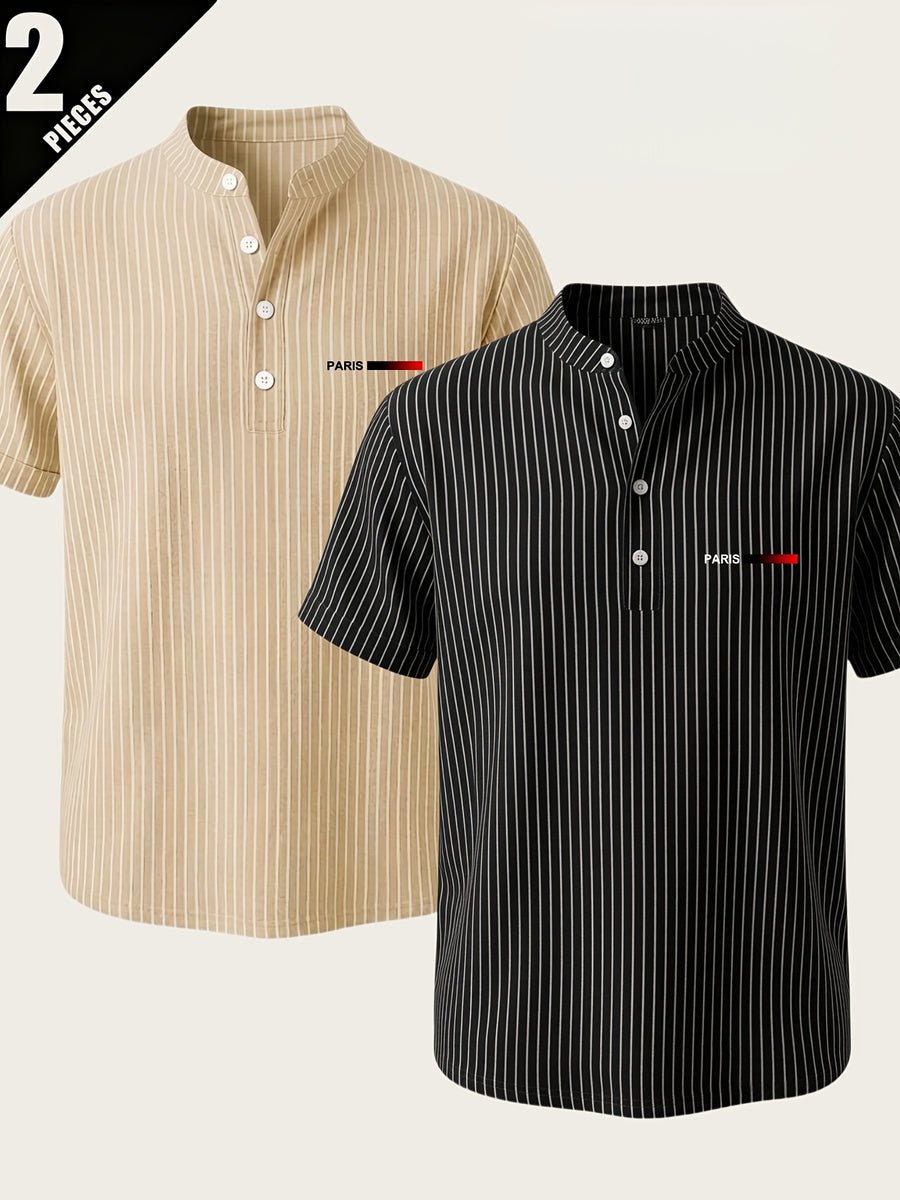 2pcs Men'S Striped Henley Shirt Set, PARIS Chest Print Short Sleeve Shirt, Lightweight Breathable Regular Fit, Suitable for Casual Wear, Travel, And Layering - Black+khaki