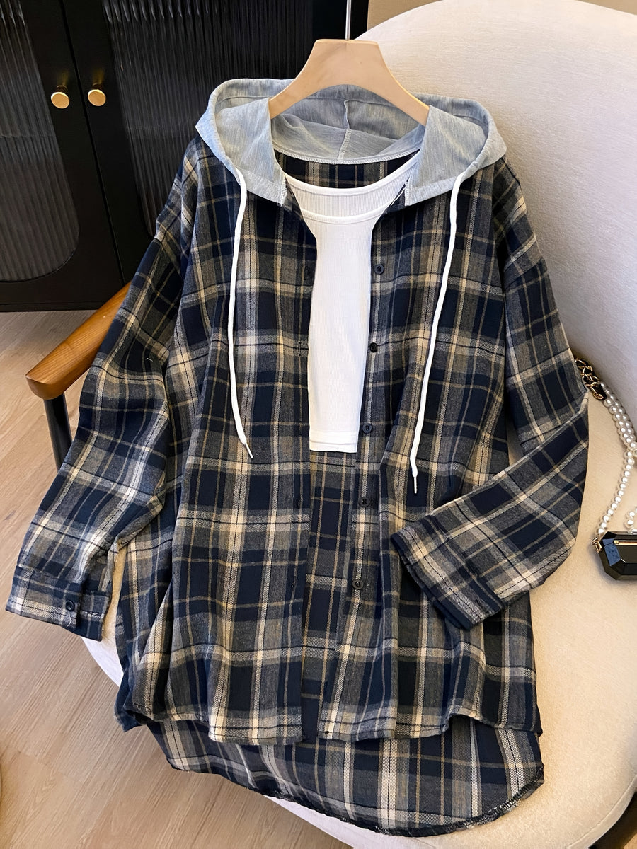 Plus Size, Spring Women's New Arrival Clothing, Autumn Women's Fashion Casual Wear, Plaid Hooded Long-Sleeve Shirt, Plus Size Women's Shirt, Oversized Top, Autumn Hooded Cardigan, Fashion Plaid Shirt, Korean Style Women's Clothing, Women's Winter - Blue