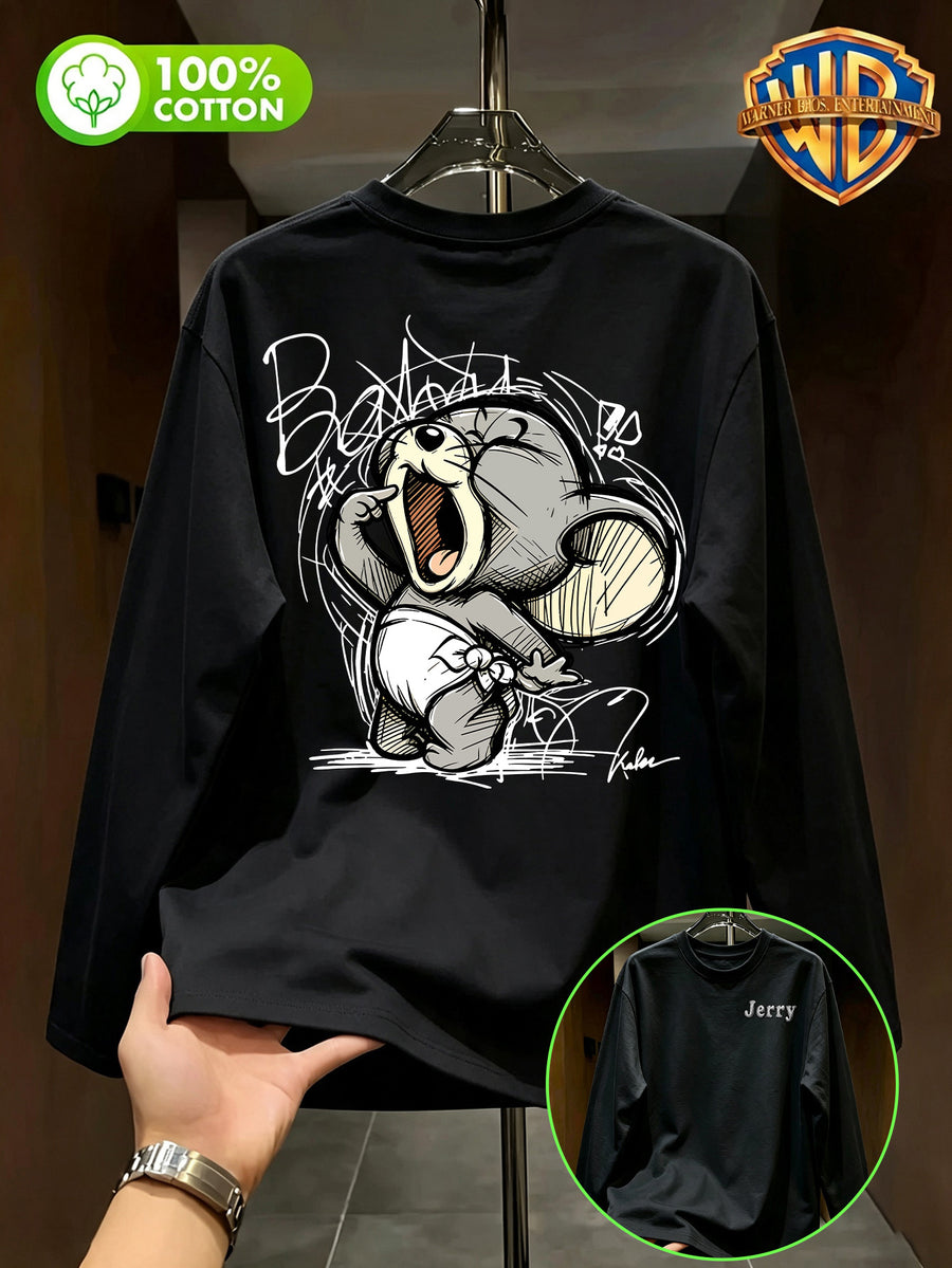By Warner Bros., Printed 100% Pure Cotton T-shirt, Men's Comfortable and Versatile Loose Summer | Autumn | Winter Long Sleeved T-shirt, Suitable for Outdoor Sports, Gym and Multi-functional Sports Casual Loose Wear - Black