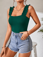Solid Color Pleated Thin Strap Bodysuit - Dark Green