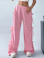 Plus Size, Plus Size Women's Casual Slacks with Bow Accents - All-Season Trousers, Straight-Leg Design, Machine Washable Solid Color Pants for Everyday Comfort - Pink