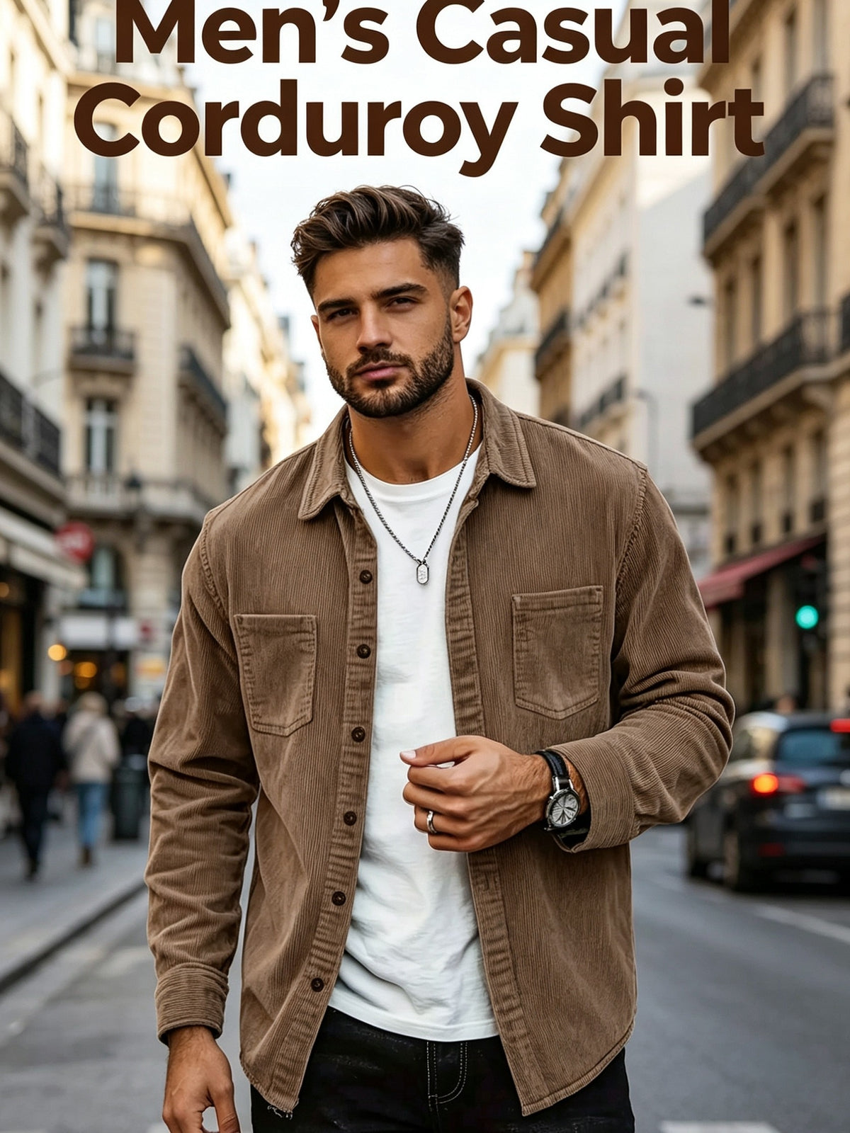[Spring And Autumn Men'S Retro Corduroy Jacket ] Men'S Blue Corduroy Shirt, Retro Casual Long Sleeve Single, Loose Collar Button Top, Pocket Versatile Autumn Jacket, Halloween And Christmas Gift for Boyfriend And Father - Camel