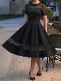 Vintage 50s Women's Dress with Round Neck, Lace Trim, and Short Sleeves - Black