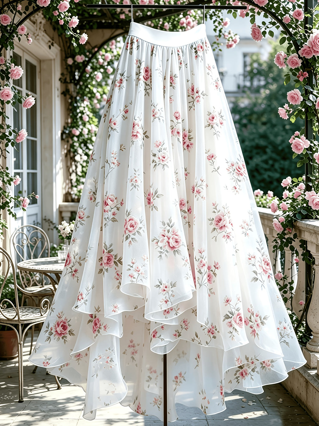 Women's Elegant Asymmetrical Flared Skirt with Irregular Hem & Mesh Floral Print - Non-Sheer Suitable for Banquets, Dates, Vacation Outfits, Machine Washable -Fit Skirt for Parties, Weddings, Casual Attire - White