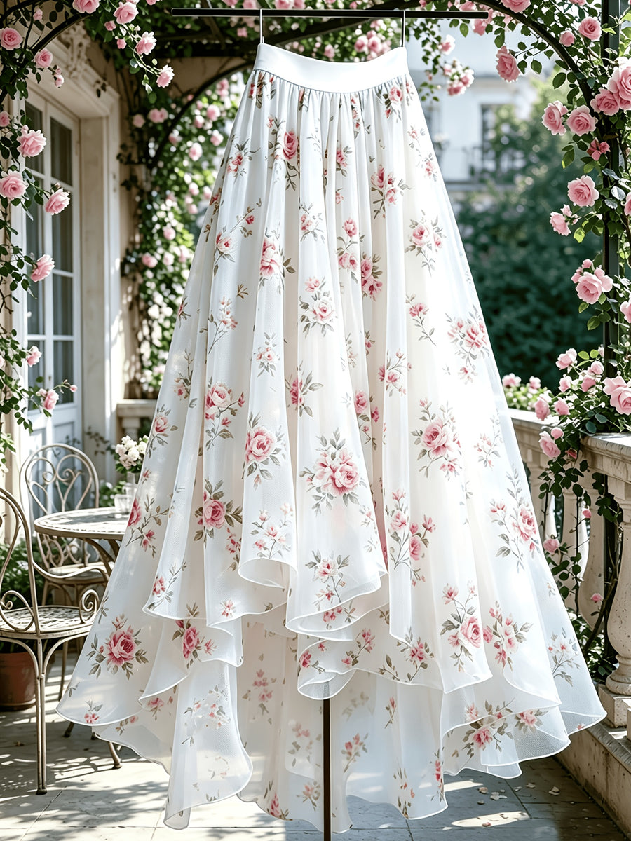 Women's Elegant Asymmetrical Flared Skirt with Irregular Hem & Mesh Floral Print - Non-Sheer Suitable for Banquets, Dates, Vacation Outfits, Machine Washable -Fit Skirt for Parties, Weddings, Casual Attire - White