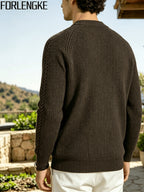 FORLENGKE Men'S Crew Neck Knitted Pullover with Vertical Cable Texture, Perfect for Solo Wear in Autumn And Winter to Show Texture Or Layered for a Stylish Look, Suitable for Shopping, Going Out, Parties, And Various Daily Occasions - Coffee Color