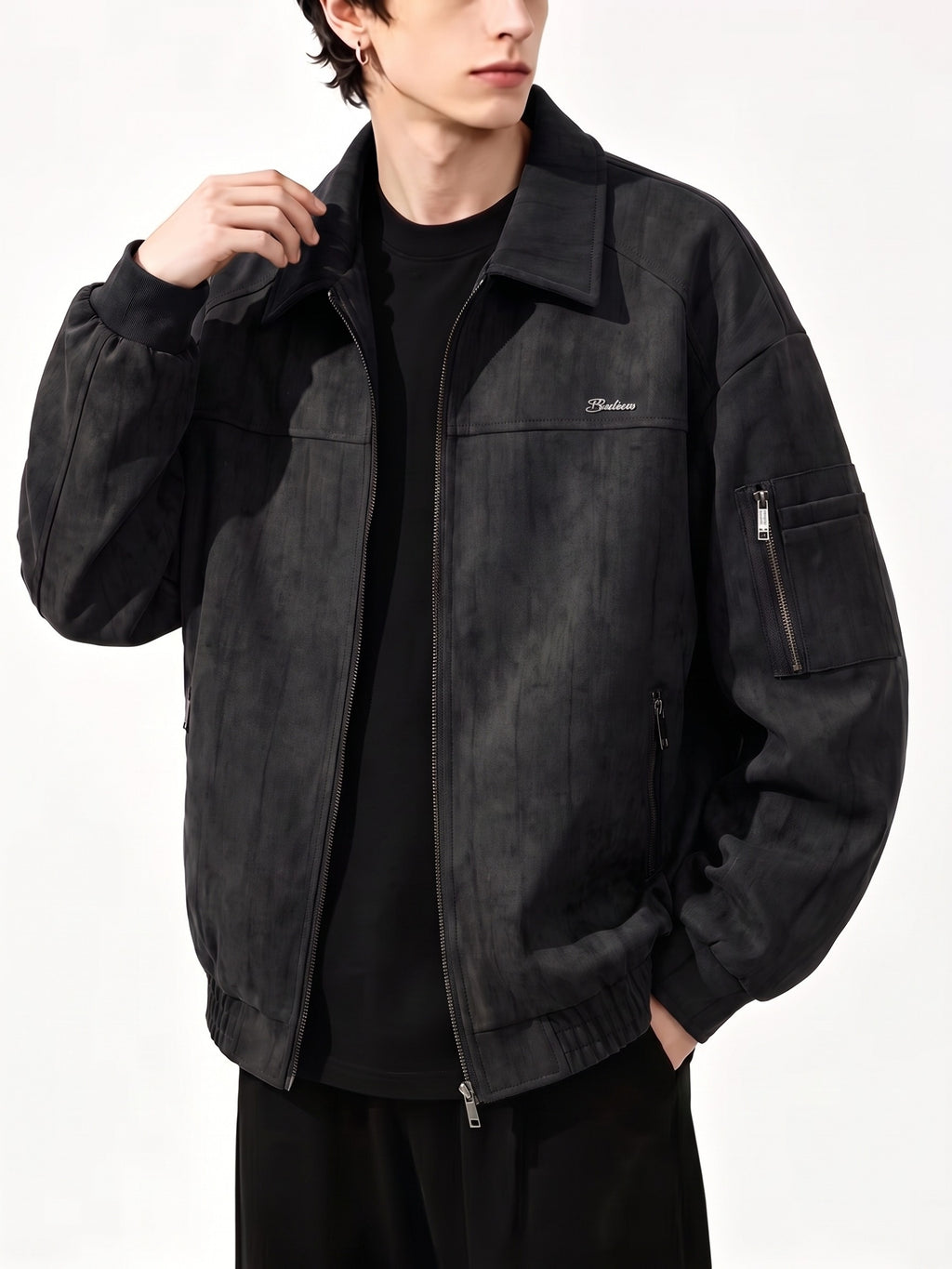 Men's Streetwear Workwear Style Lapel Jacket with Vintage Texture, Full-Zip Casual Outerwear, Multi-Zipper Practical Pocket Design, Regular Fit for Comfort and Versatility. This Casual Coat Is Suitable for All Occasions in Spring and Autumn - Black