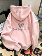 Women's Oversized Hoodie, Line Art Butterfly & 'Good Things Take Time' Inspirational Quote Print, Gentle Style Long Sleeve Casual Hooded Sweatshirt with Kangaroo Pocket, Daily S Versatile Elegant Ladies Outfits, Sizes S-XXL - Pink