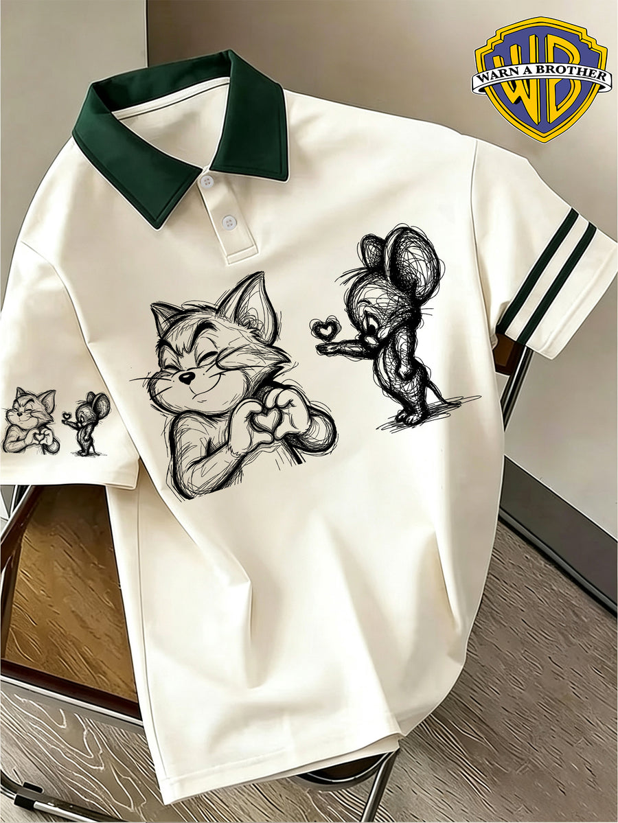 Warner Bros. Exclusive License, American Retro Color-Block Classic Character Print Polo Shirt, Men'S Casual Comfortable, Multi-Functional Loose Summer Polo Shirt, Summer Loose Lapel Japanese Style Polo Short Sleeve T-Shirt - Apricot And Green
