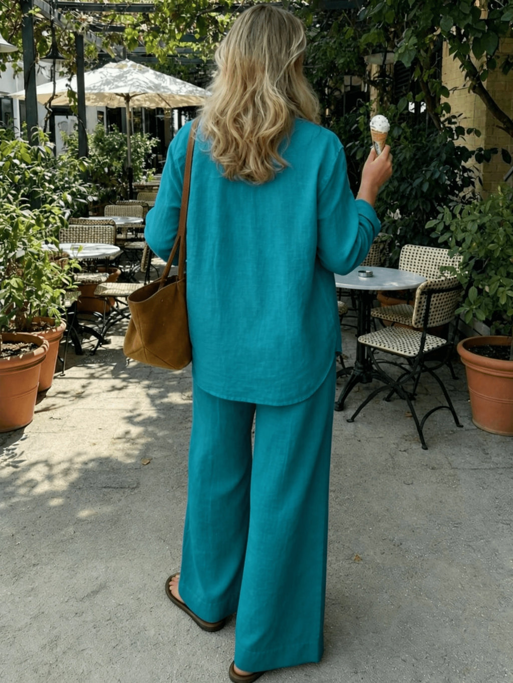 Old Money Style Women'S Pure Elegant Outfit, Suitable for Spring/Summer And Holidays | 2pcs Casual Set, Shirt And Wide-Leg Pants - Dark Cyan